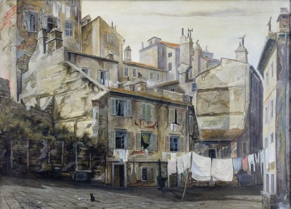ALDO BRESSANUTTI : Via del crocifisso (Trieste)  (1963)  - olio su tela - Auction ASTA DI ARTE MODERNA E CONTEMPORANEA - II - Fidesarte - Casa d'aste