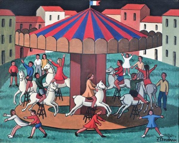 FULVIO PENDINI : The carousel  - oil painting on canvas - Auction MODERN AND CONTEMPORARY ART AUCTION - II - Fidesarte - Casa d'aste