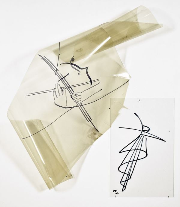 MARIA LAI : Angeli musicanti  (2003)  - pennarello nero su due fogli di acetato riportati su tavola - Asta 78° ASTA DI ARTE MODERNA E CONTEMPORANEA - I - Fidesarte - Casa d'aste