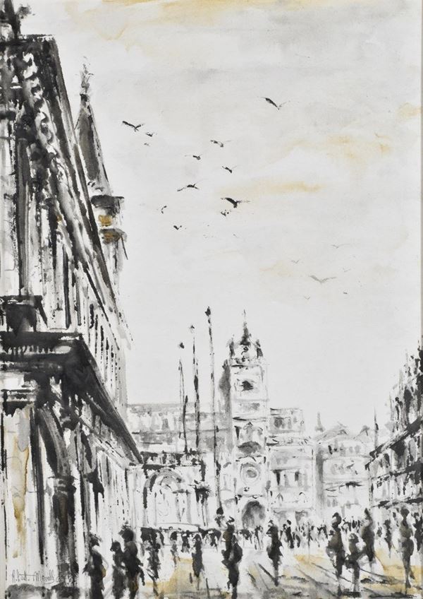 MERELLI ROBERTO : Piazza San Marco  (1966)  - olio su tela - Auction ASTA DI ARTE MODERNA E CONTEMPORANEA - II - Fidesarte - Casa d'aste