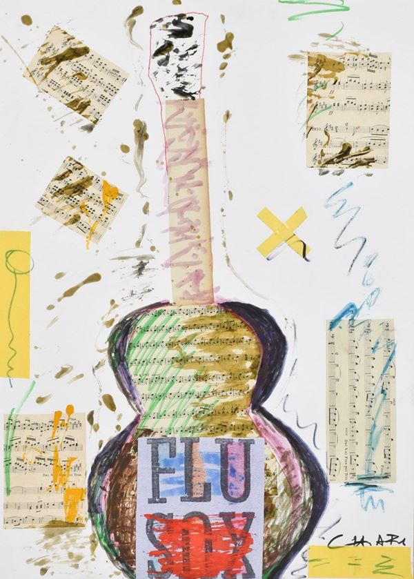 GIUSEPPE CHIARI : Chitarra  - tecnica mista e collage su carta - Auction ASTA DI ARTE MODERNA E CONTEMPORANEA - II - Fidesarte - Casa d'aste