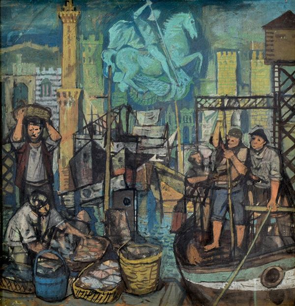 MARIO DELUIGI : City allegory  ((anni '30))  - tempera on table - Auction MODERN AND CONTEMPORARY ART AUCTION - II - Fidesarte - Casa d'aste