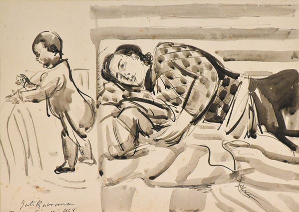 JUTI RAVENNA : Interno familiare  (1948)  - gouache su  carta - Auction ASTA DI GRAFICA E TECNICHE MISTE SU CARTA - I - Fidesarte - Casa d'aste