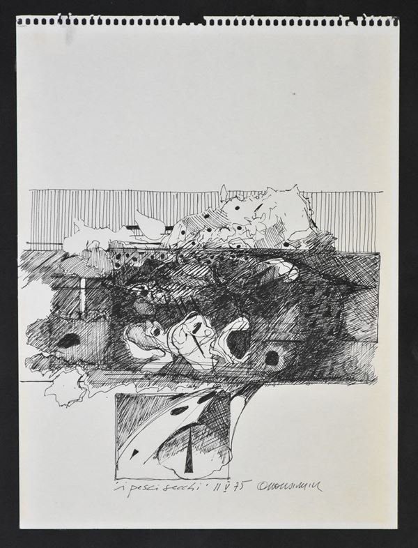 GIANFRANCO QUARESIMIN : I pesci secchi  (1975)  - disegno a china su carta - Asta ASTA DI GRAFICA E TECNICHE MISTE SU CARTA - I - Fidesarte - Casa d'aste