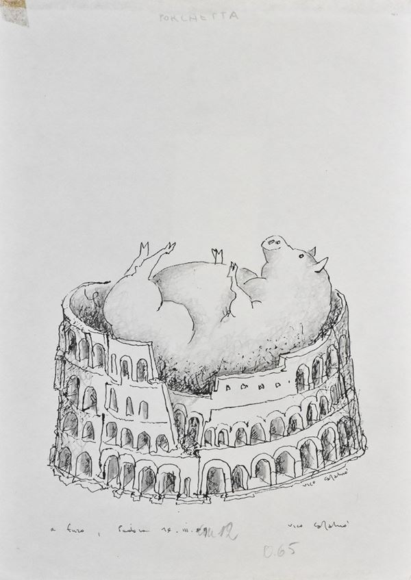 VICO  CALABRO' : Porchetta  (1989)  - disegno a china su carta - Asta ASTA DI GRAFICA E TECNICHE MISTE SU CARTA - I - Fidesarte - Casa d'aste