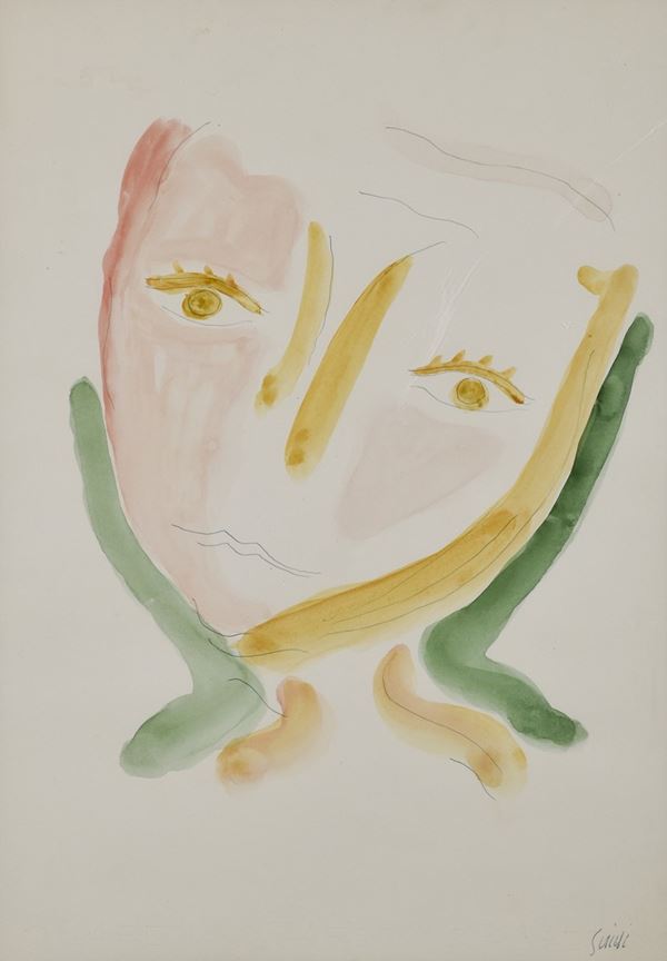 VIRGILIO GUIDI : Volto  ((fine anni '60))  - acquerello su carta - Auction Arte Moderna e Contemporanea - Author graphics and Murano Glasses - Fidesarte - Casa d'aste