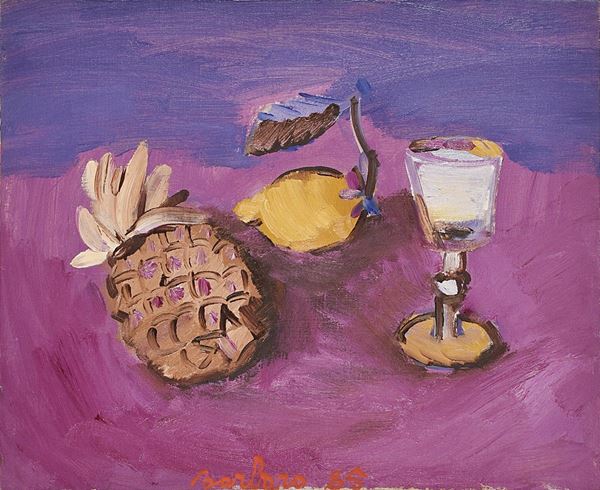 SAVERIO BARBARO : Ananas rosa e celeste  (1985)  - olio su tela - Auction Arte Moderna e Contemporanea - Author graphics and Murano Glasses - Fidesarte - Casa d'aste