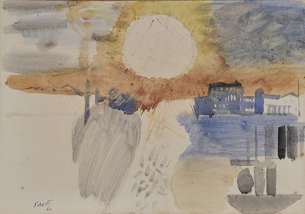 BRUNO SAETTI : Paesaggio con sole  (1960)  - tecnica mista su carta intelata - Asta Arte Moderna e Contemporanea - Grafica d'autore e vetri di Murano - Fidesarte - Casa d'aste