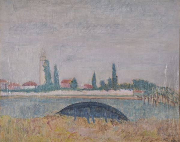 GIGI CANDIANI : Paesaggio a Mazzorbo  (1961)  - olio su tavola - Asta Arte Moderna e Contemporanea - Grafica d'autore e vetri di Murano - Fidesarte - Casa d'aste