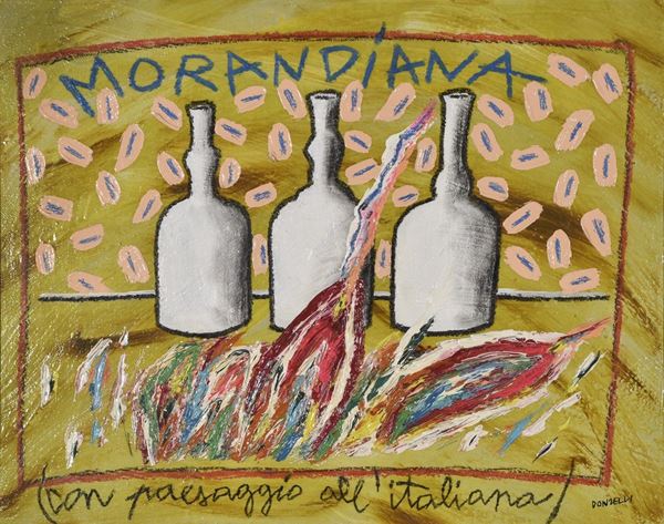 BRUNO DONZELLI : Morandiana (con paesaggio all&#39;italiana)  - olio su tela - Asta Arte Moderna e Contemporanea - Grafica d'autore e vetri di Murano - Fidesarte - Casa d'aste