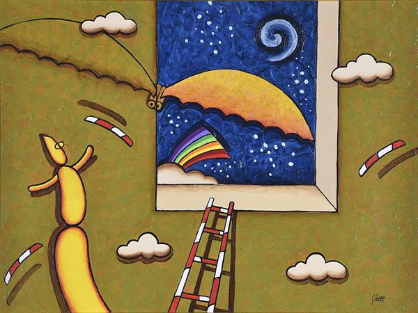 GIULIANO GHELLI : Stanza dei segni magici  (1995)  - olio su tela - Asta Arte Moderna e Contemporanea - Grafica d'autore e vetri di Murano - Fidesarte - Casa d'aste