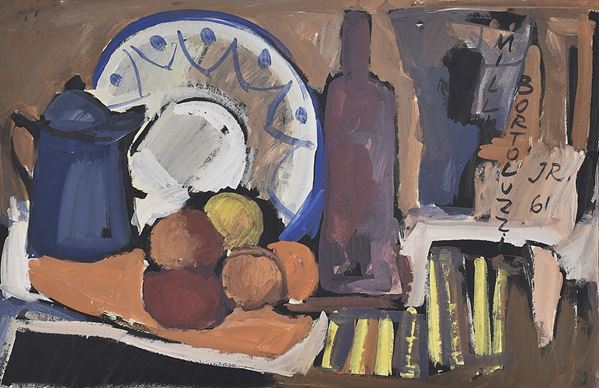 MILLO BORTOLUZZI JR. : Natura morta  (1961)  - olio su cartoncino - Auction Arte Moderna e Contemporanea - Author graphics and Murano Glasses - Fidesarte - Casa d'aste
