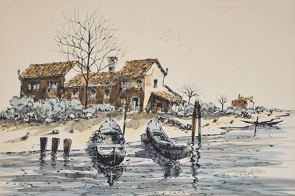BRUNO BULEGATO : Barche in riva  (1980)  - acquerello su carta - Auction Arte Moderna e Contemporanea - Author graphics and Murano Glasses - Fidesarte - Casa d'aste