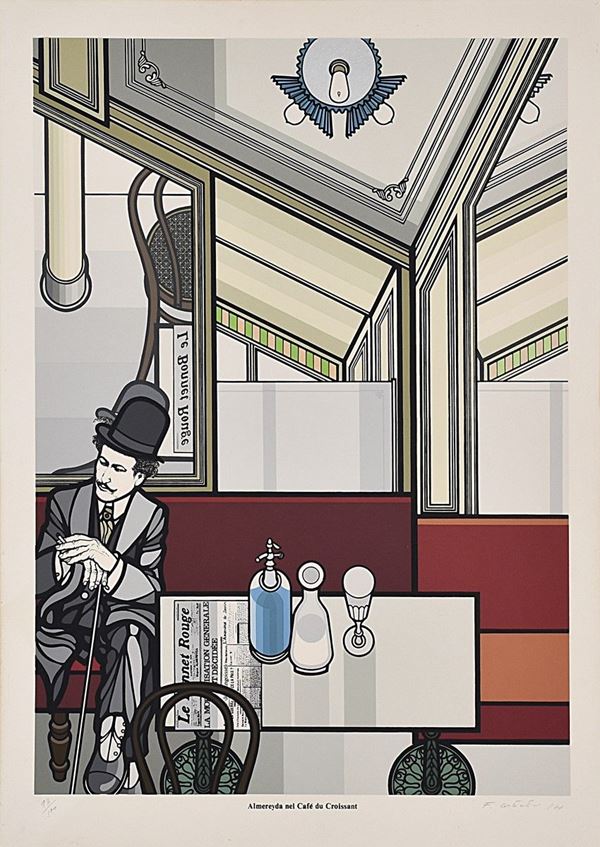 FLAVIO COSTANTINI : Almereyda nel caf&#232; du Croissant  (1977)  - serigrafia es. 93/100 - Asta Asta di Arte Moderna e Contemporanea - Fidesarte - Casa d'aste