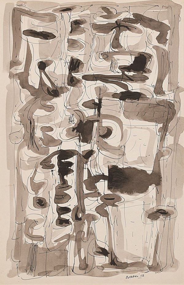 PIERO DORAZIO : senza titolo  (1956)  - inchiostro su carta - Asta Asta di Arte Moderna e Contemporanea - I - Fidesarte - Casa d'aste