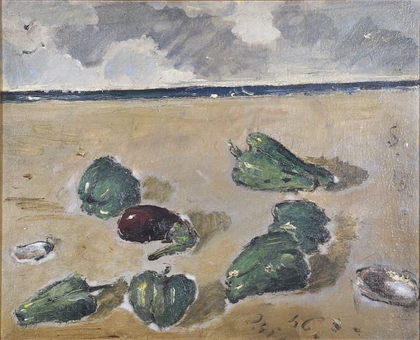 FILIPPO DE PISIS - Natura morta marina con peperoni, una melanzana e una conchiglia
