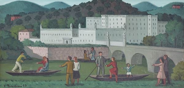 FULVIO PENDINI : Barche nel paesaggio  (1957)  - olio su tela - Asta Asta di Arte Moderna e Contemporanea - I - Fidesarte - Casa d'aste