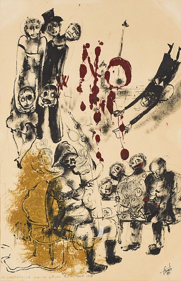 ANONIMO : La cantatrice calva (Studio)  (1958)  - tecnica mista su carta - Asta Grafica  e Arte Moderna e Contemporanea - II - Fidesarte - Casa d'aste
