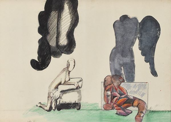 CARMELO ZOTTI : Figure  (1969)  - tecnica mista su carta - Asta Grafica  e Arte Moderna e Contemporanea - II - Fidesarte - Casa d'aste