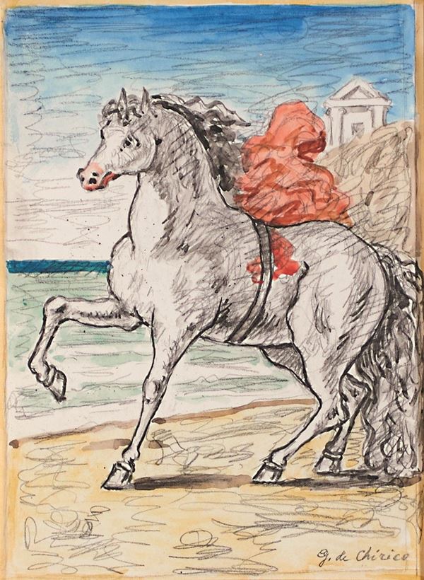 Cavallo bianco con drappo rosso in riva al mare