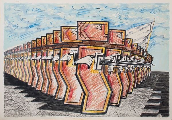 IBRAHIM  KODRA : La lotta per la pace  - litografia retouchè es. XXXI/L - Auction Asta a tempo di Grafica e Multipli d'Autore - II - Fidesarte - Casa d'aste