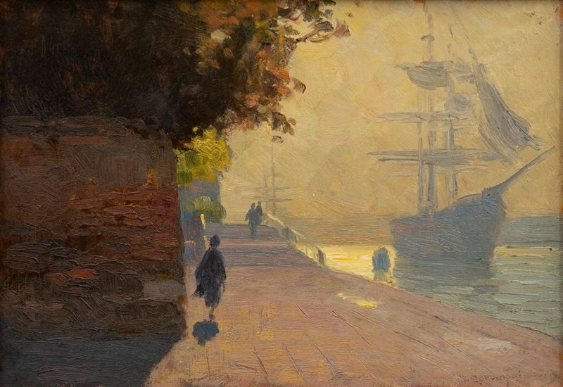 Duilio Corompai - Veduta di Venezia con Veliero