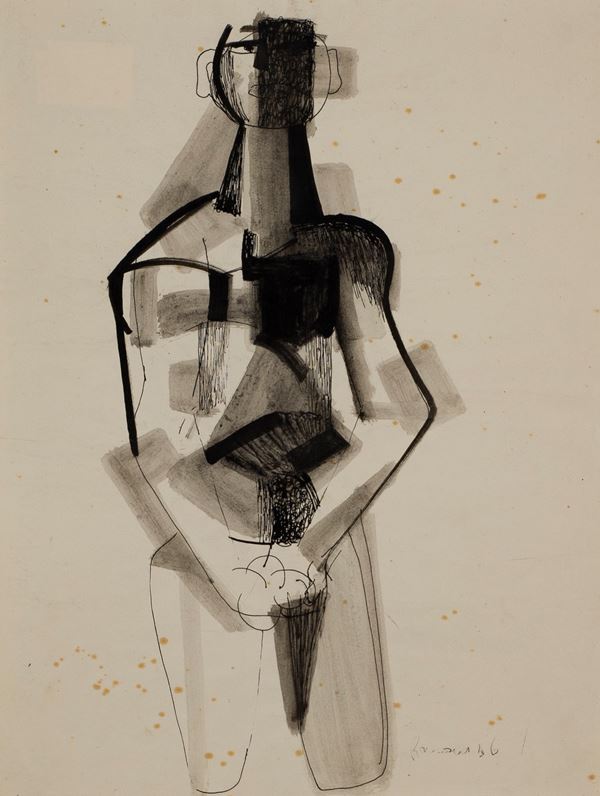 CARLO RAMAUS : Figura  (1956)  - tecnica mista su carta - Auction Asta a tempo di arte moderna e contemporanea 1a Parte - I - Fidesarte - Casa d'aste
