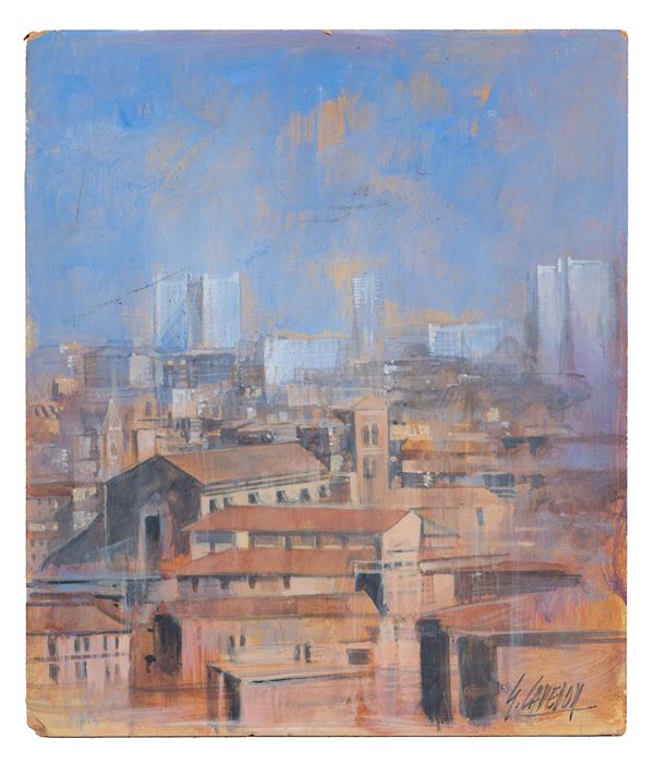 GIAMPIETRO CAVEDON : Città  - olio su tavola - Asta Asta a tempo di Arte Moderna e Contemporanea - III - Fidesarte - Casa d'aste