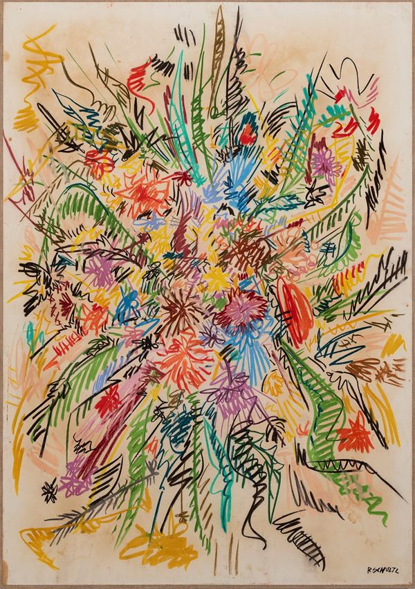 RAOUL SCHULTZ : Fiori  ((seconda metà anni '50))  - tecnica mista su carta intelata - Asta Asta di arte moderna e contemporanea - Fidesarte - Casa d'aste