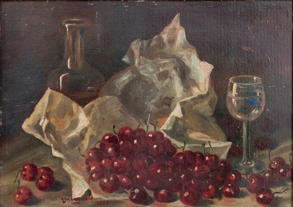 Still life with a bag of cherries