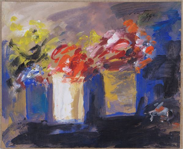 SERGIO  SCATIZZI : Flowers  - oil on canvas paper - Auction Asta a tempo di Arte Moderna e Contemporanea - Fidesarte - Casa d'aste