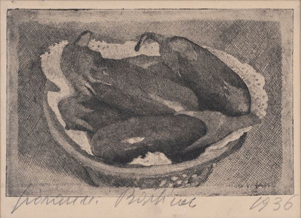 GIOVANNI BARBISAN : Basket of aubergines  (1936)  - etching (edition of 10 numbers and 5 proofs by A. on various paper) - Auction Asta a tempo di multipli d'Autore - Fidesarte - Casa d'aste