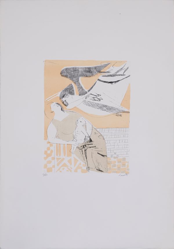 BRUNO SAETTI : Maternity  (1980)  - aquatint etching e.g. 33/100 on handmade paper - Auction Asta a tempo di multipli d'Autore - Fidesarte - Casa d'aste