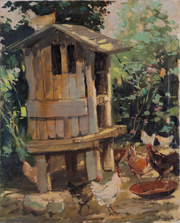 COSIMO PRIVATO : Chickens in the farmyard  - oil painting on canvas - Auction Asta a tempo di Arte Moderna e Contemporanea - Fidesarte - Casa d'aste