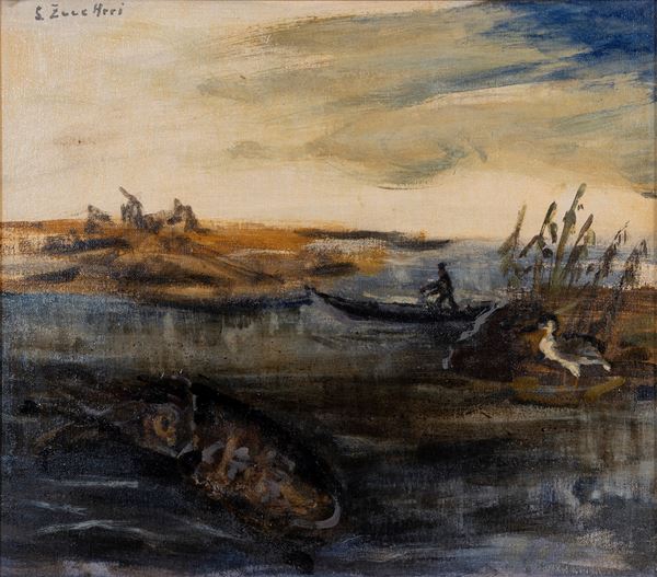 Squid, heron and boatman in lagoon landscape