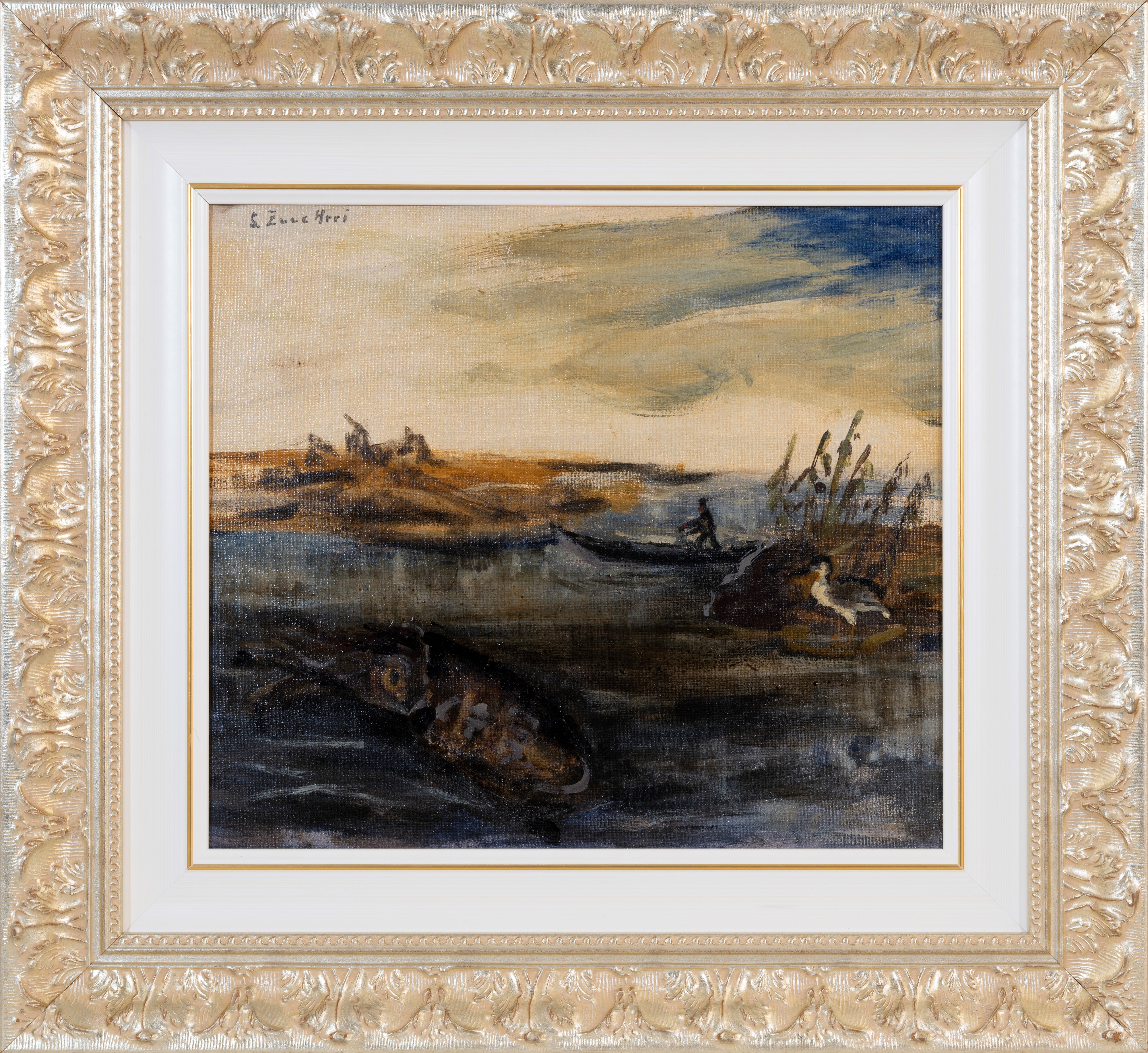 Calamaro, airone e barcaiolo in paesaggio lagunare