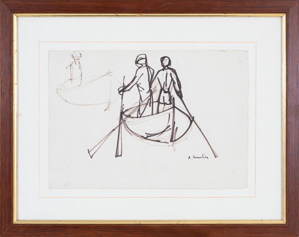 ALFREDO MANTICA : Boatmen  - ink on paper - Auction Asta a tempo di Arte Moderna e Contemporanea - Fidesarte - Casa d'aste