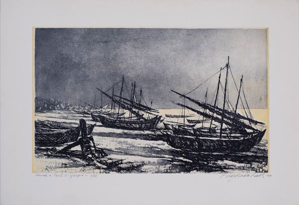 CESCO  MAGNOLATO : Boats in Porto San Giorgio  (1955)  - etching e.g. 6/35 - Auction Asta a tempo di multipli d'Autore - Fidesarte - Casa d'aste