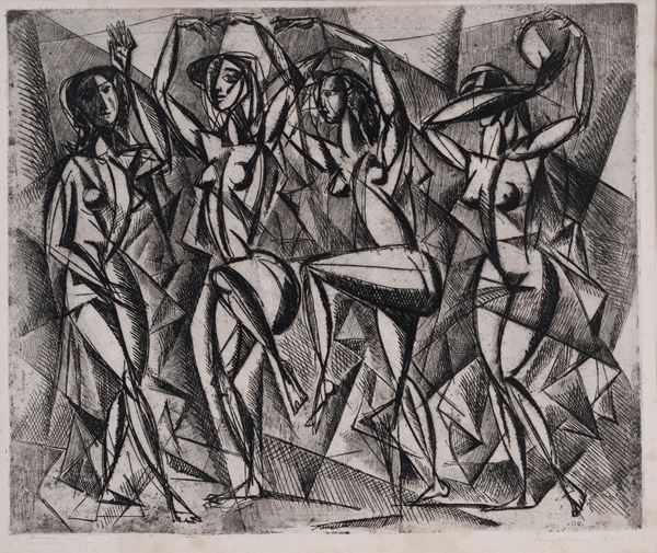 MARIO DINON : Dancers  (1950)  - etching 2nd state ex. 8/5 - Auction Asta a tempo di multipli d'Autore - Fidesarte - Casa d'aste
