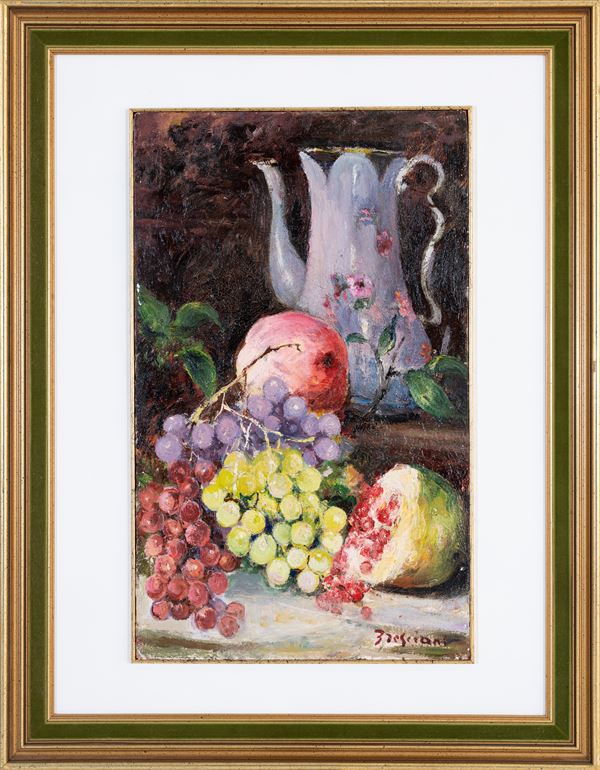 ANTONIO BRESCIANI : Natura morta con frutta con brocca  - olio su tavola - Asta Asta a tempo di Arte Moderna e Contemporanea - Fidesarte - Casa d'aste