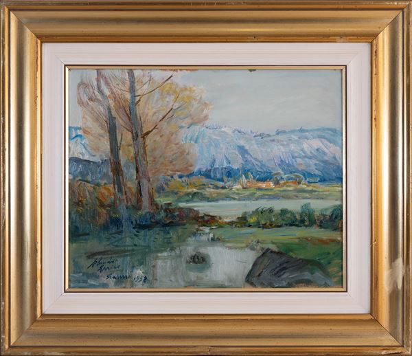 ENRICO PLACIDO : Lake landscape  (1958)  - oil on cardboard - Auction Asta a tempo di Arte Moderna e Contemporanea - Fidesarte - Casa d'aste