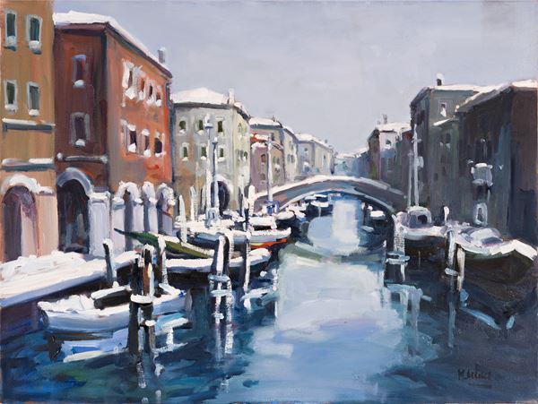 MARIO DE LUCA : Venice with snow  - oil painting on canvas - Auction Asta a tempo di Arte Moderna e Contemporanea - Fidesarte - Casa d'aste