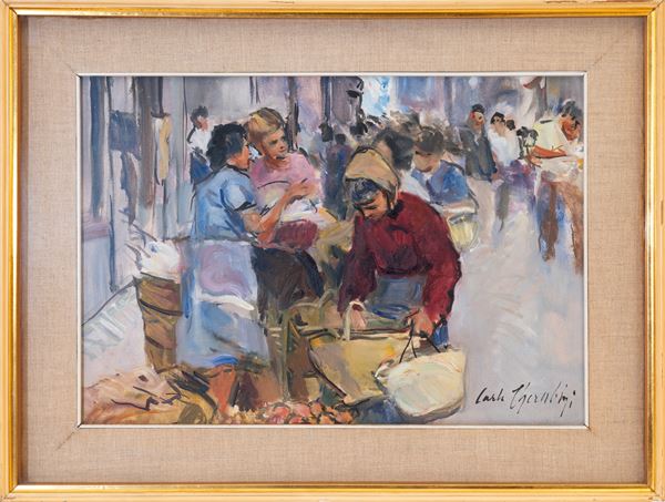 CARLO CHERUBINI : Market  - oil on canvas - Auction Asta a tempo di Arte Moderna e Contemporanea - Fidesarte - Casa d'aste