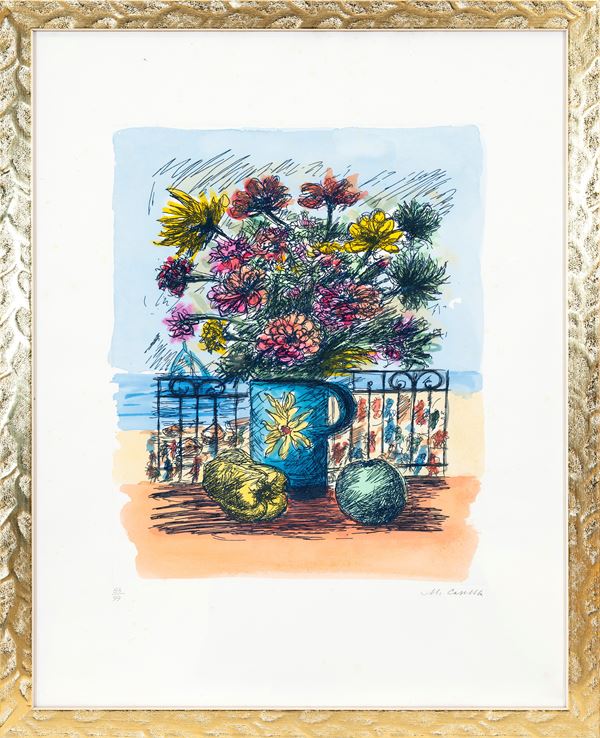 MICHELE CASCELLA : Vase of flowers   (1978)  - etching aquatint retouched ex. 83/99 - Auction Asta a tempo di multipli d'Autore - Fidesarte - Casa d'aste