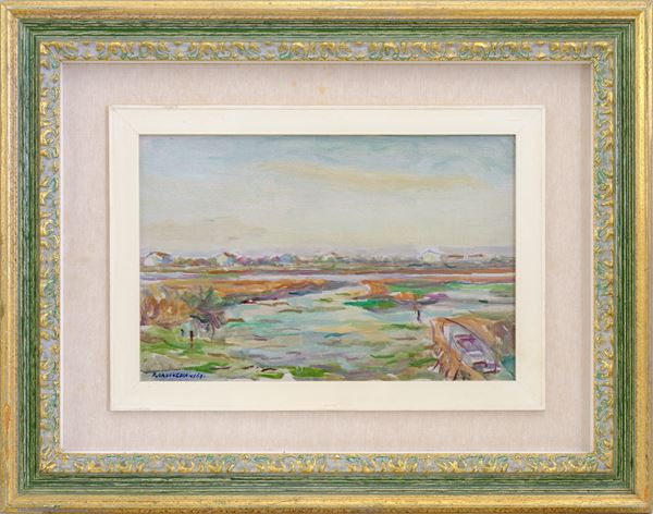 EUGENIO DA VENEZIA : Canal in Malamocco  (1963)  - oil on canvas transferred to board - Auction Asta a tempo di Arte Moderna e Contemporanea - Fidesarte - Casa d'aste