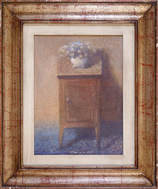 MATTEO MASSAGRANDE : Fiori su comodino  - olio su tavola - Asta Asta a tempo di Arte Moderna e Contemporanea - Fidesarte - Casa d'aste