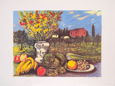 Natura morta con paesaggio, serigrafia a colori