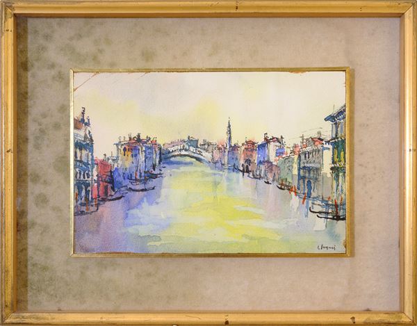 LUCIANO GASPARI : View of the Rialto Bridge  - watercolor on paper laid down on board - Auction Asta a tempo di Arte Moderna e Contemporanea - Fidesarte - Casa d'aste