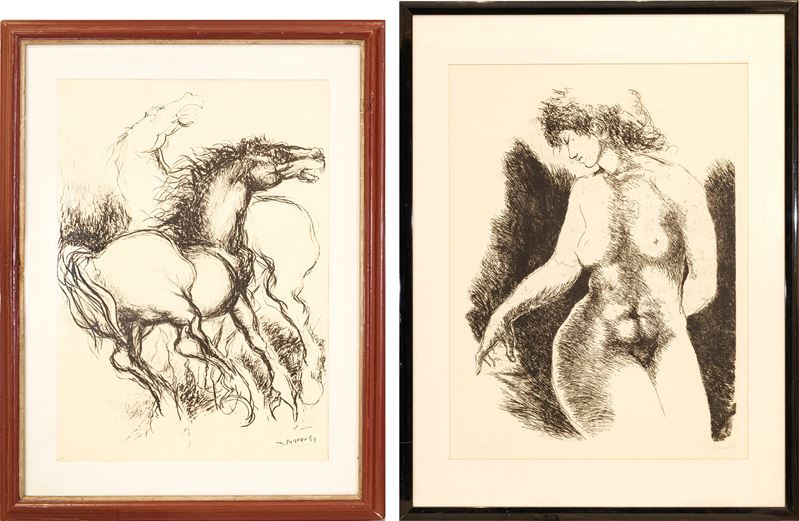 Augusto Murer - Cavalli e Nudo femminile (litografia e acquaforte) – coppia di multipli