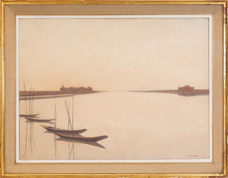 Mario Dinon - Laguna veneziana, olio su tela
